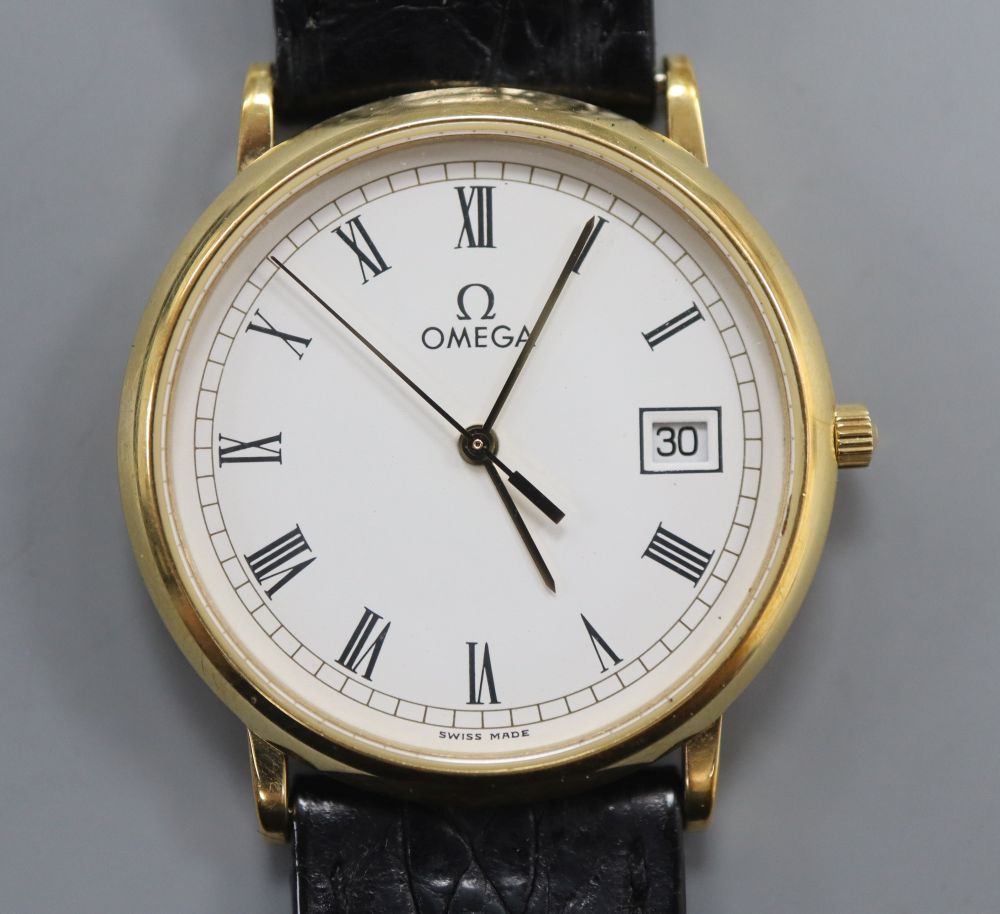 A gentlemans gold plated Omega de Ville wristwatch with quartz movement and original box